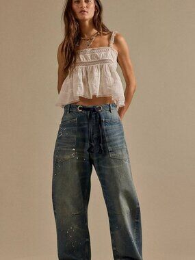 We The Free Distressed Blue Wide-Leg Jeans